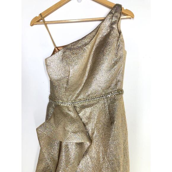 Mac Duggal Dress One Shoulder Metallic Ruffled Evening Gown Oyster Size 0 NWOT - Picture 9 of 13